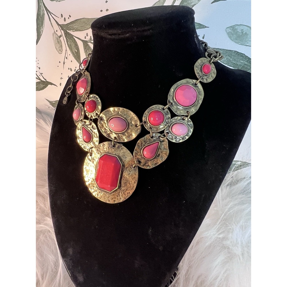 Ruby Rd. Vintage Pink Red Cabochon Bib Statement Necklace Boho-Chic Hammered - Picture 6 of 16